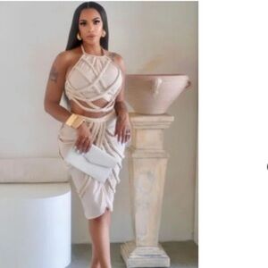 Chic Beige Halter 2 PC skirt set with Cut-Out Design
